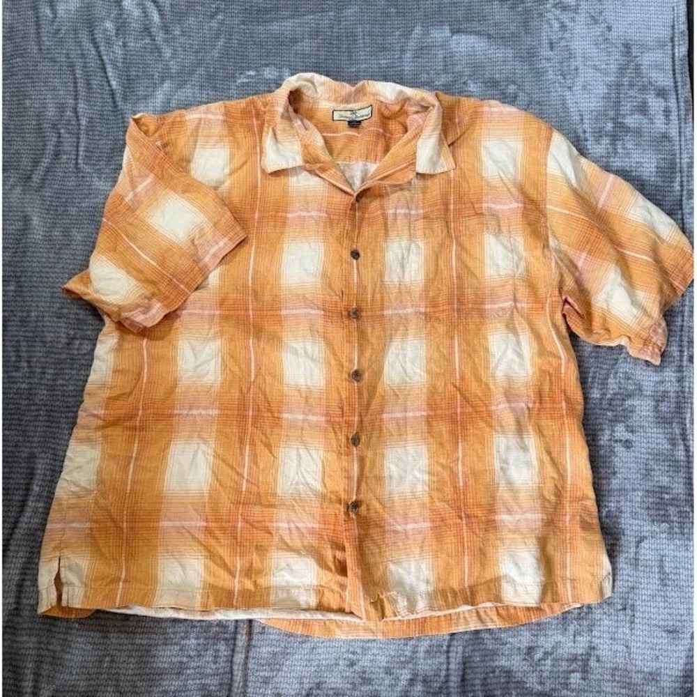Tommy Bahama Mens XXL Orange Plaid 100% Silk Short Sleeve Camp Shirt Button Down